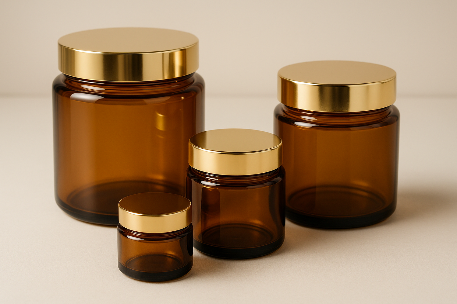private label abukki botanicals glass amber jars with gold lids and no label