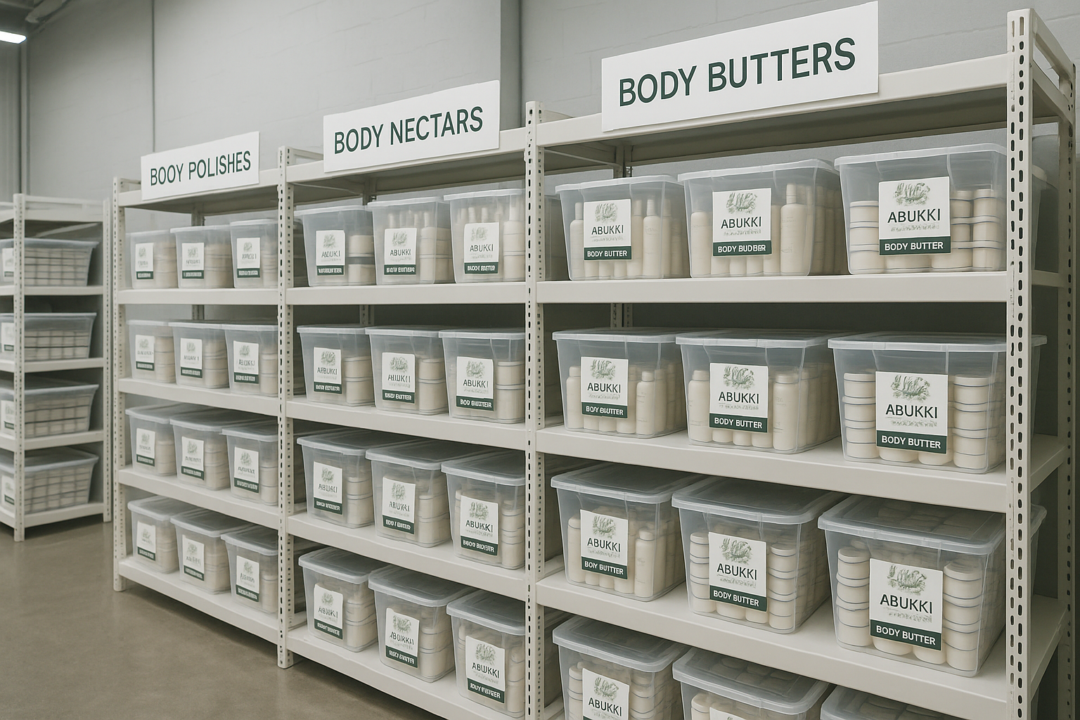 Wholesale office storage for Abukki Botanicals body polishes, body nectars, and body butta