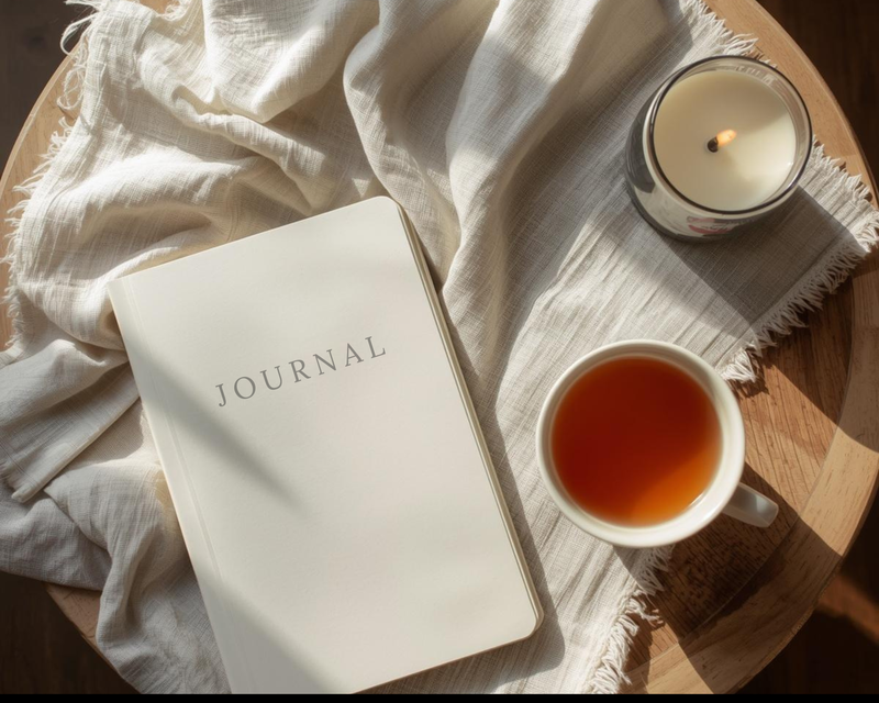 Minimal still life with tea and journal in warm light, inviting slowness and intentional self-care.