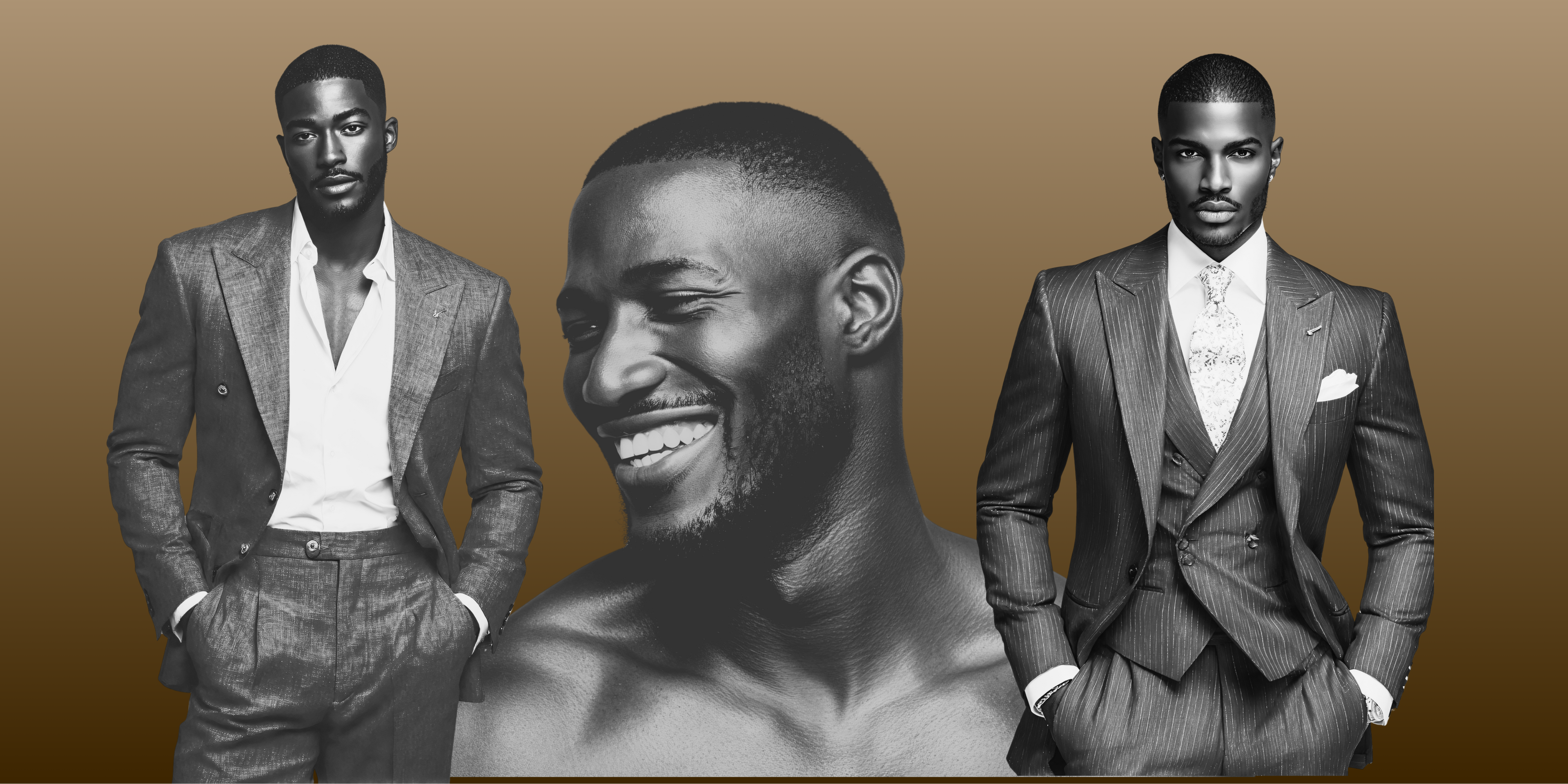 Two men in suits on a gold background with a central black and white portrait.