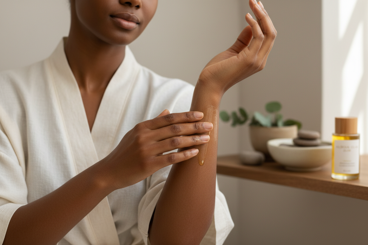 a Fitzpatrick 5 - 6 woman rubbing a body oil on her arm using the opposite hand from a front upward angle