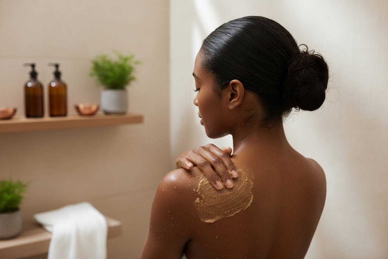a Fitzpatrick 5 - 6 woman rubbing a body scrub on her shoulder using the opposite hand from a back angle