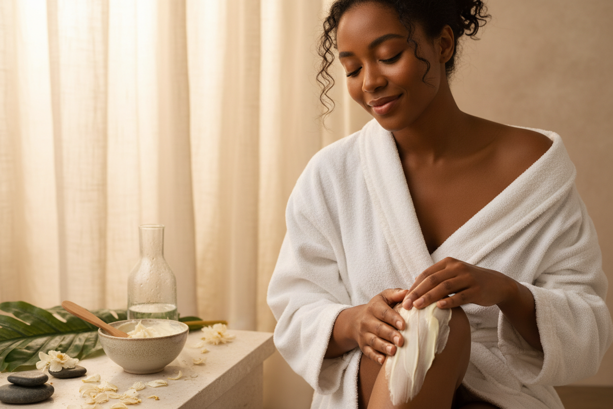 a Fitzpatrick 6 woman rubbing a body butter on her thigh using the opposite hand from a front upward angle