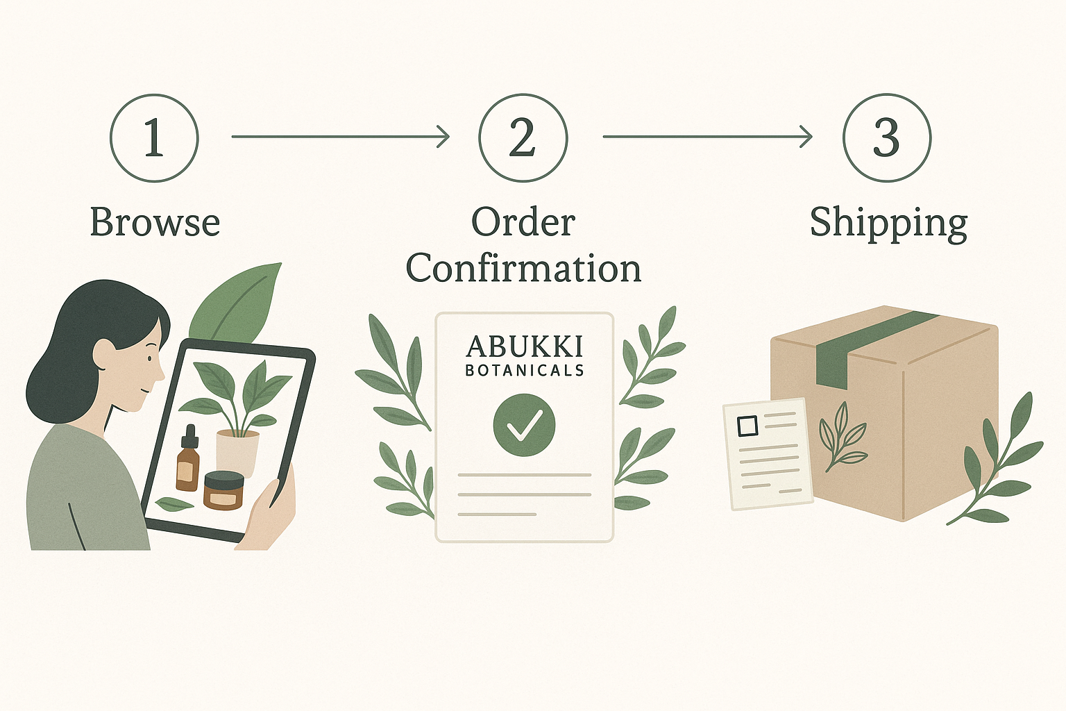 Abukki Botanicals 3-step ordering process including browse, order confirmation, shipping