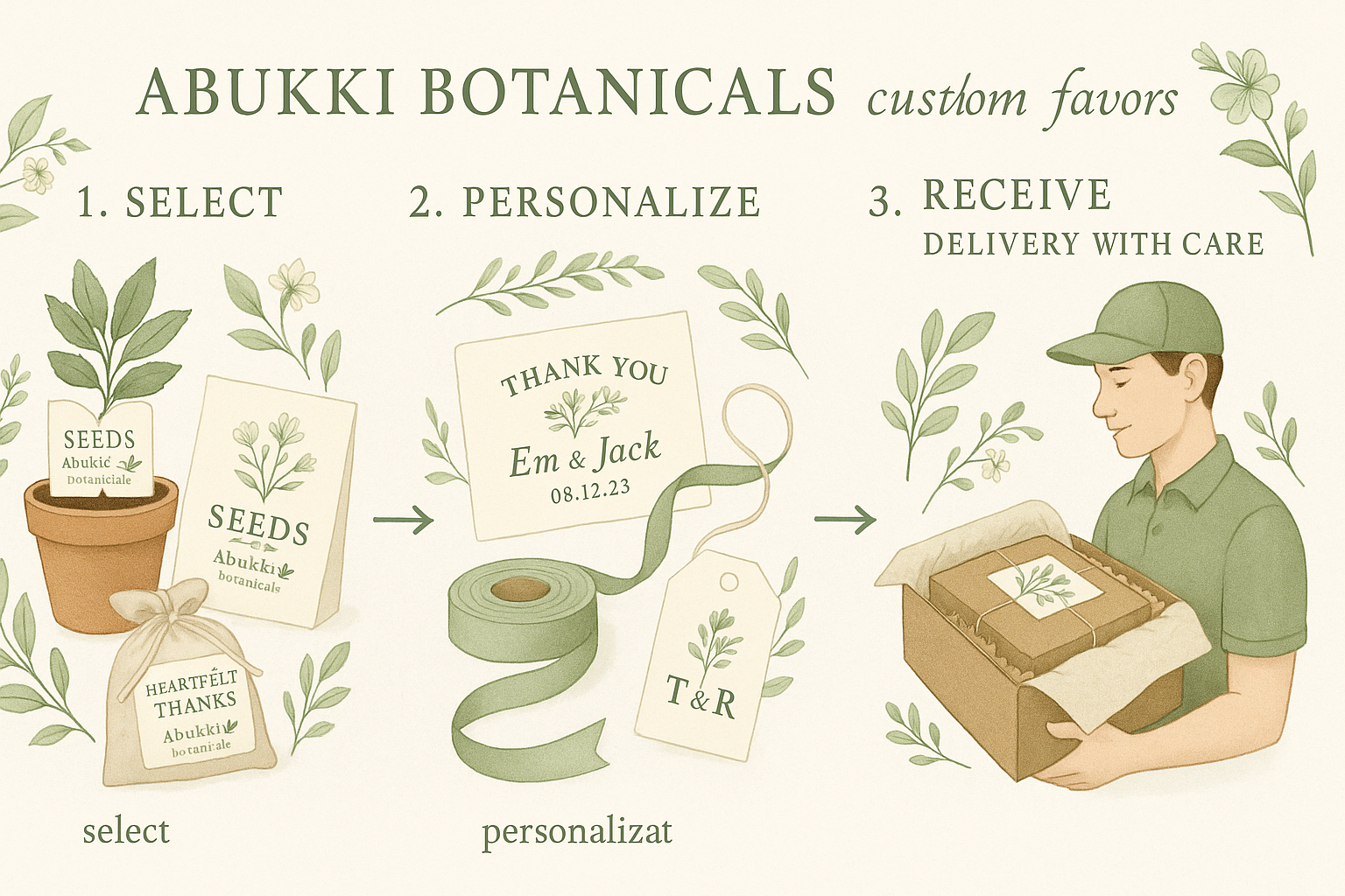 Abukki Custom Favors 3 step ordering process to select, personalize, and receive delivery with care